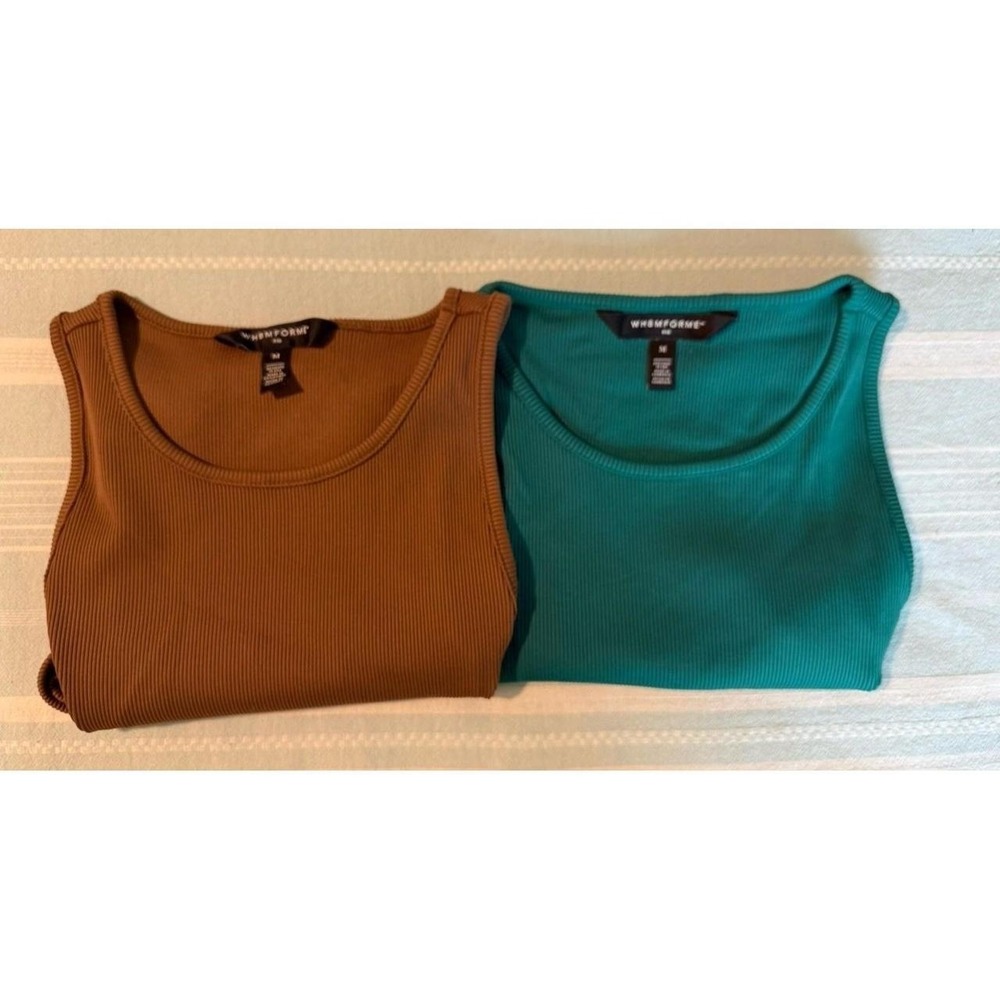 two (2) WHBM FORME teal-green and brown ribbed‎ scoop-neck tank top M